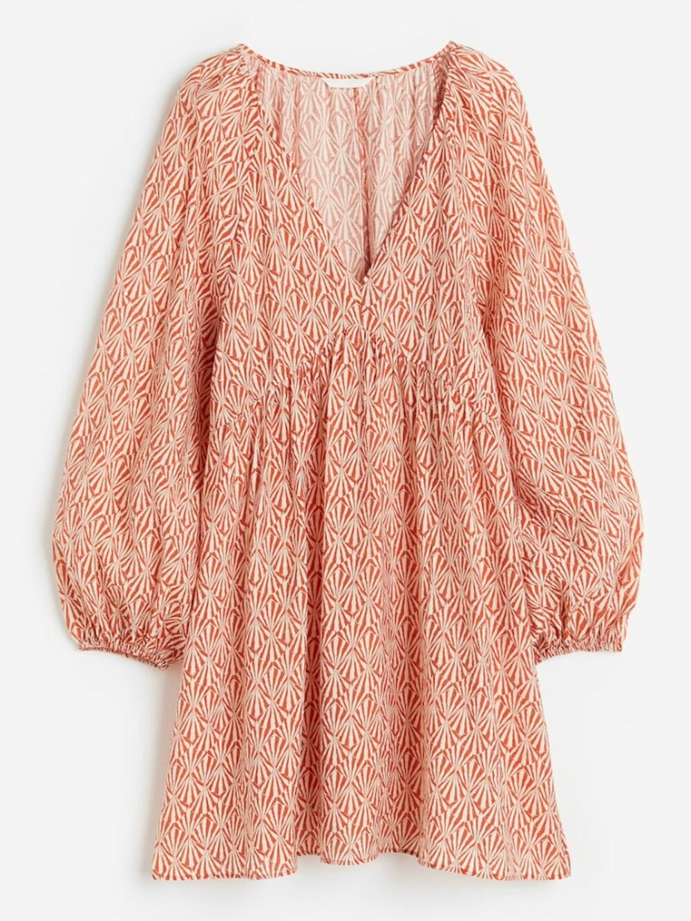 H&M Orange Print A-Line Mini Dress XXL Balloon Sleeve V-Neck Loose Fit